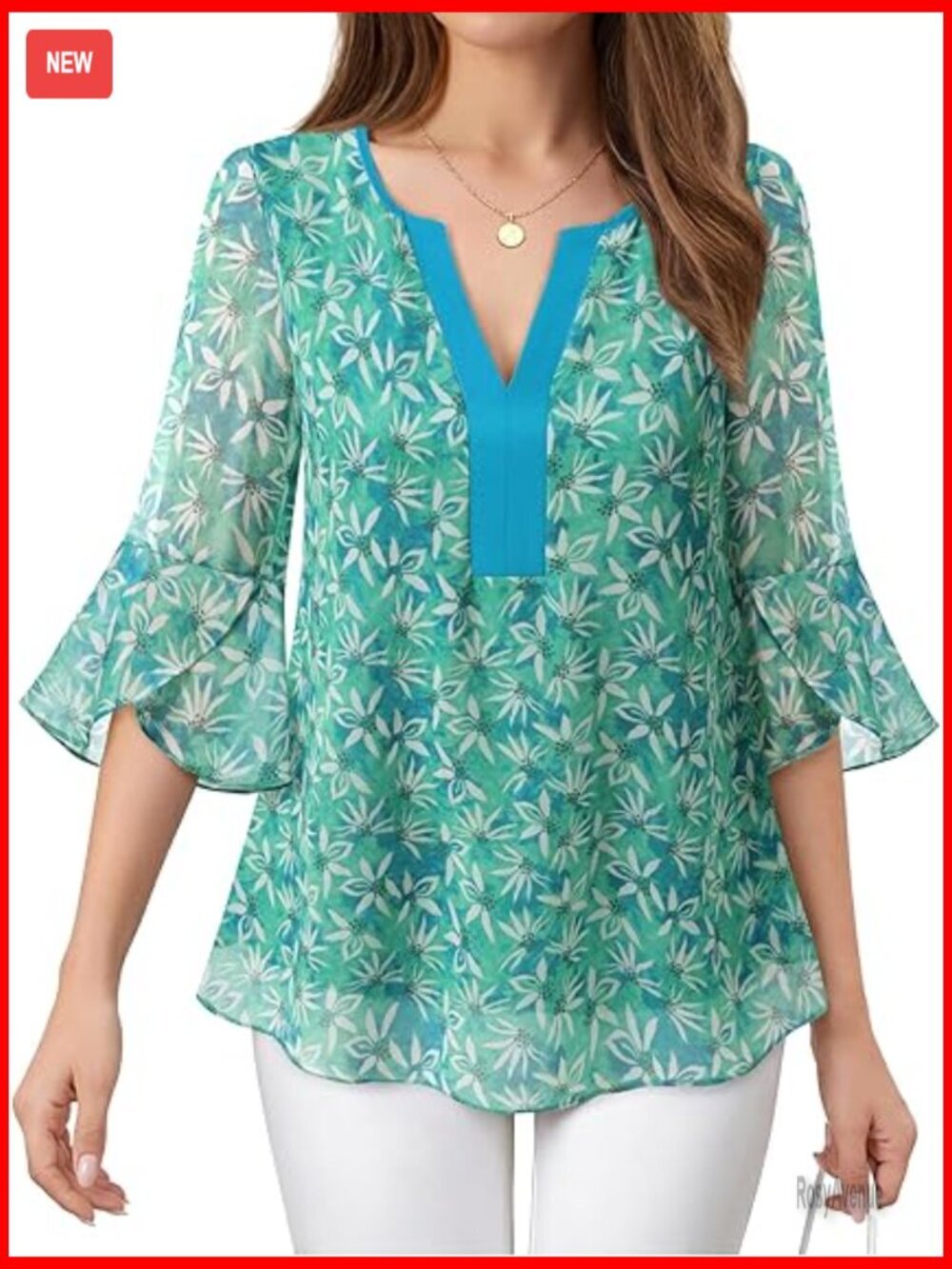 Dressy Casual 3/4 Sleeve Boho Floral Chiffon Blouse V-Neck Work Shirt